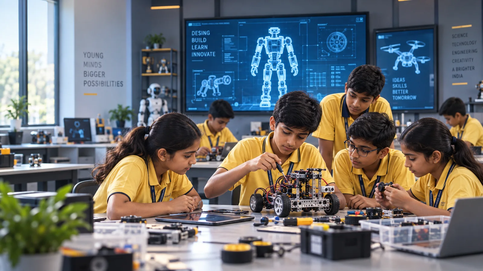 Students building robotics projects in a school learning lab