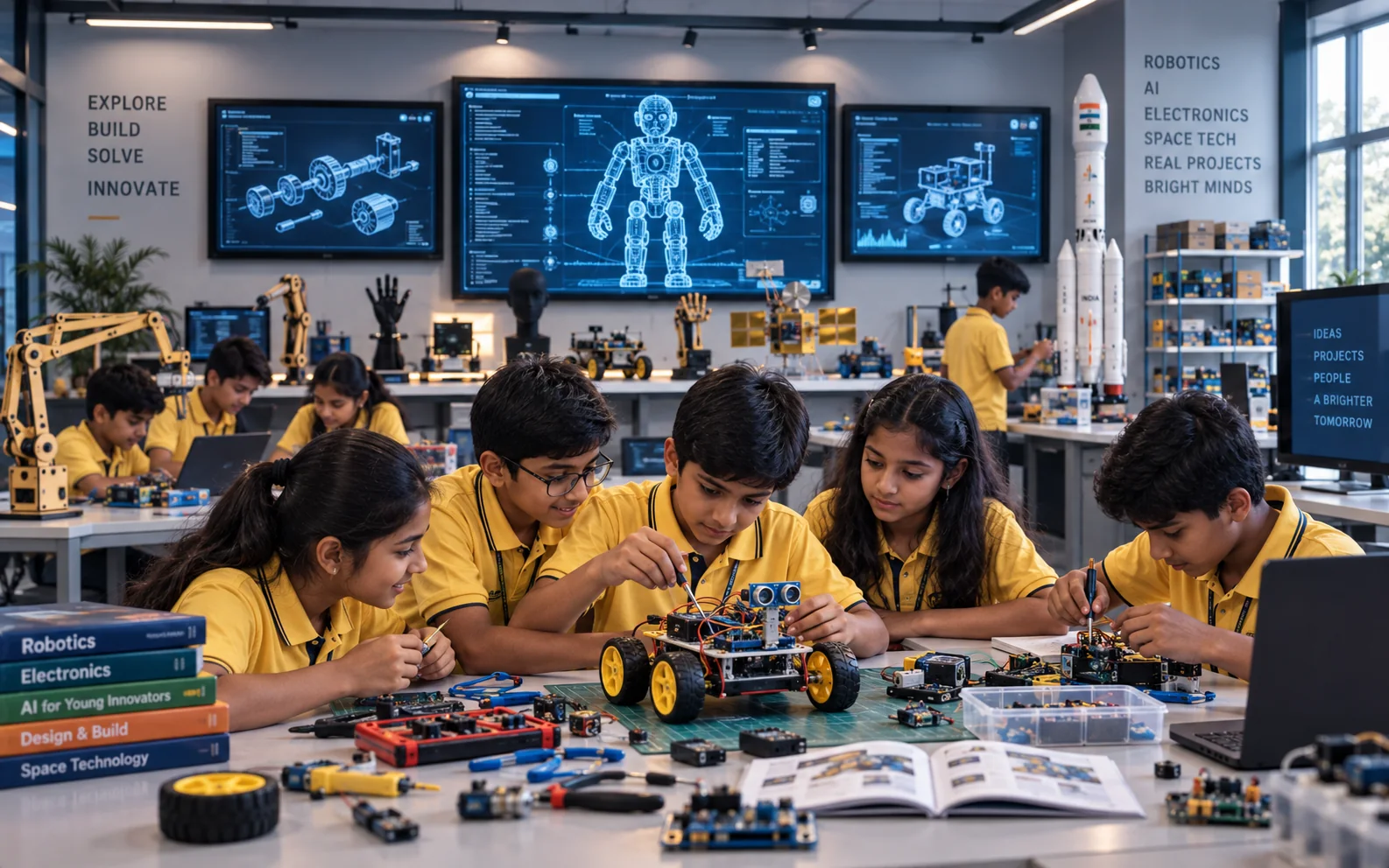 IndEnigma engineering-learning environment with students building robotics systems